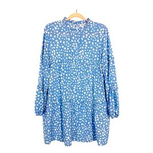 SOLUTION BLUE LEOPARD PRINT RUFFLE NECKLINE WITH RUFFLE DETAIL SLEEVE DRESS